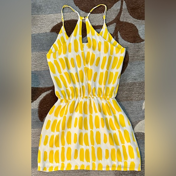 Karina Grimaldi Strappy Matilda Mini Dress Lemon Brush Stroke Print Front Cutout - Picture 6 of 10